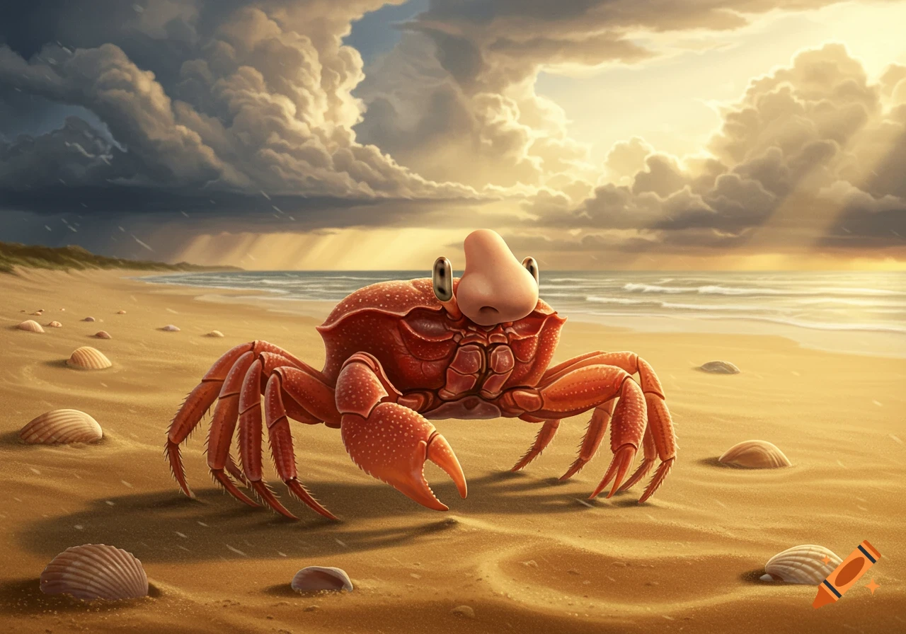 A realistic red crab with a prominent human nose stands on a sandy beach with seashells, under a dramatic sky with sun rays.
