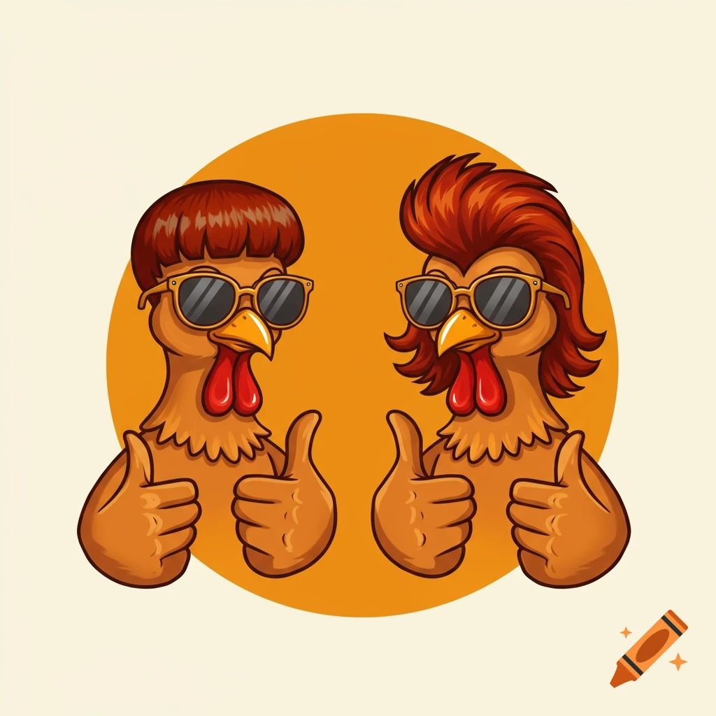 Two cartoon roosters, one with a bowl cut and one with a mullet, wearing sunglasses and giving thumbs up, in an illustration.