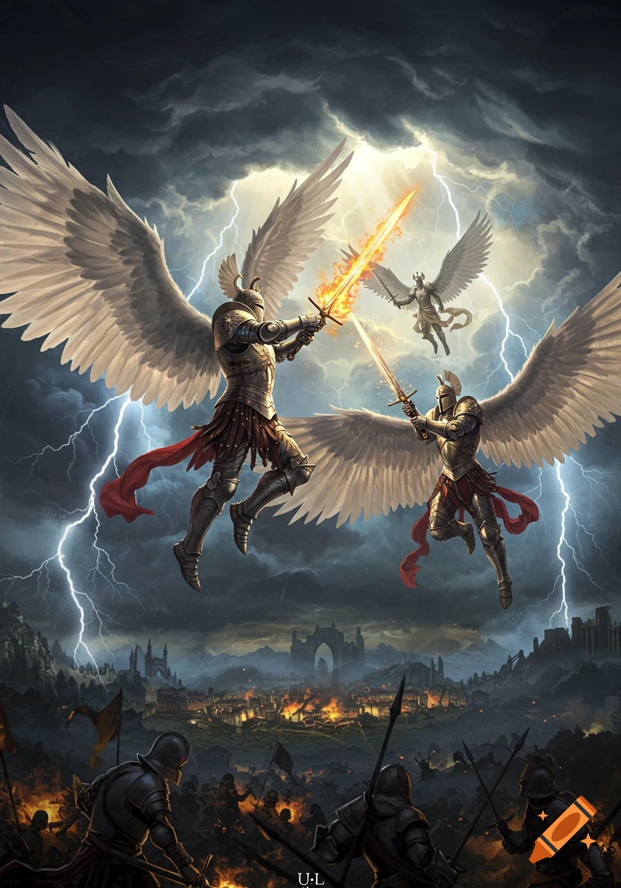 Two armored winged knights duel with flaming swords under a lightning-filled sky. A burning city and ground battle below. Fantasy art.