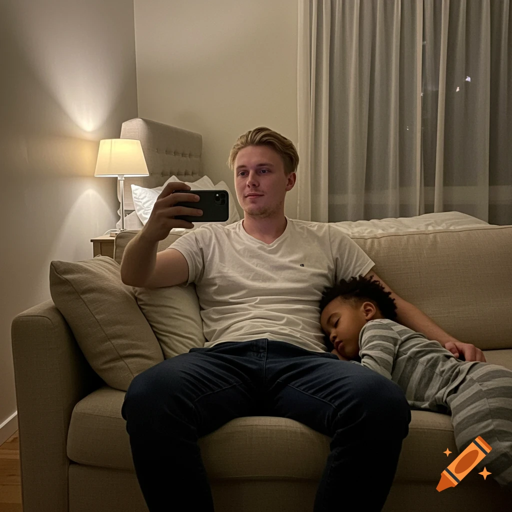 A man sits on a couch, holding a phone, while a child sleeps peacefully on his lap in a dimly lit room.