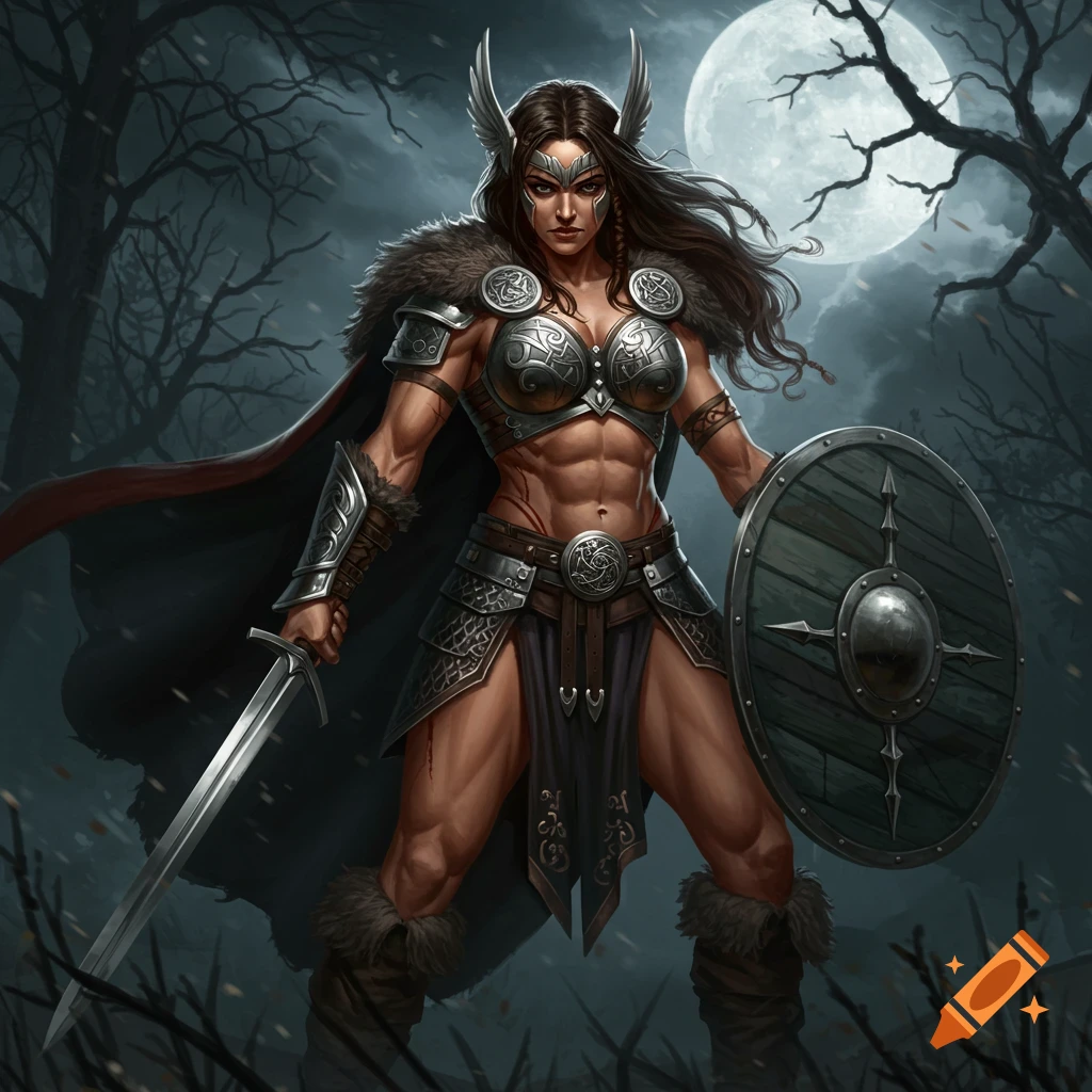 Muscular Valkyrie in battle armor holds a sword and shield, standing under a full moon in a stormy forest. Digital art.