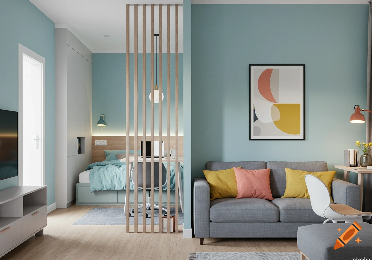 Modern studio apartment with a light blue wall, a grey sofa with yellow and pink cushions, and a wooden slat partition separating the bed area.
