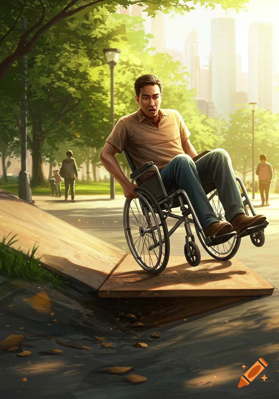 A shocked man in a wheelchair on the verge of falling off a wooden ramp in a sunny urban park, illustration.