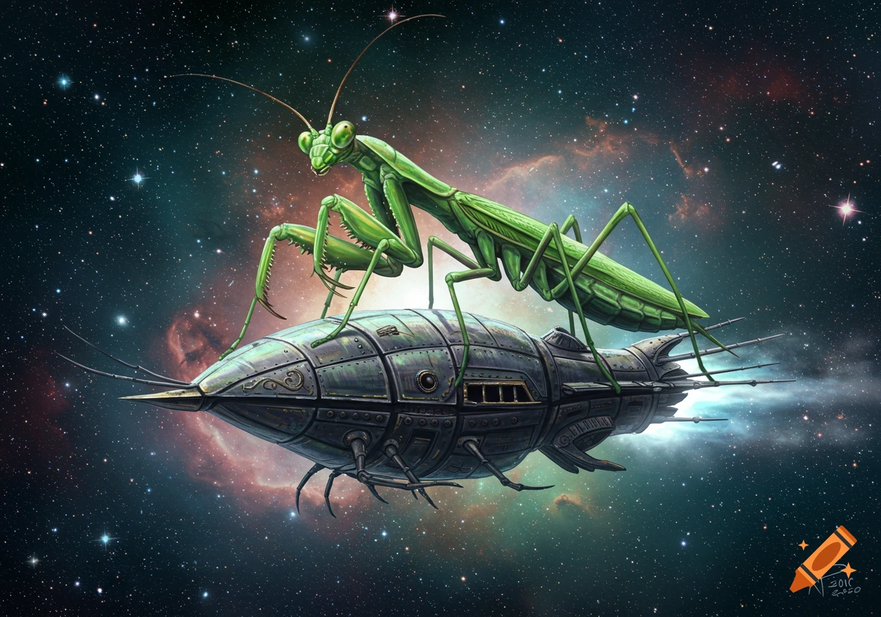 A large green praying mantis rides a detailed steampunk spaceship through a nebula-filled cosmic sky. Fantastical digital art.