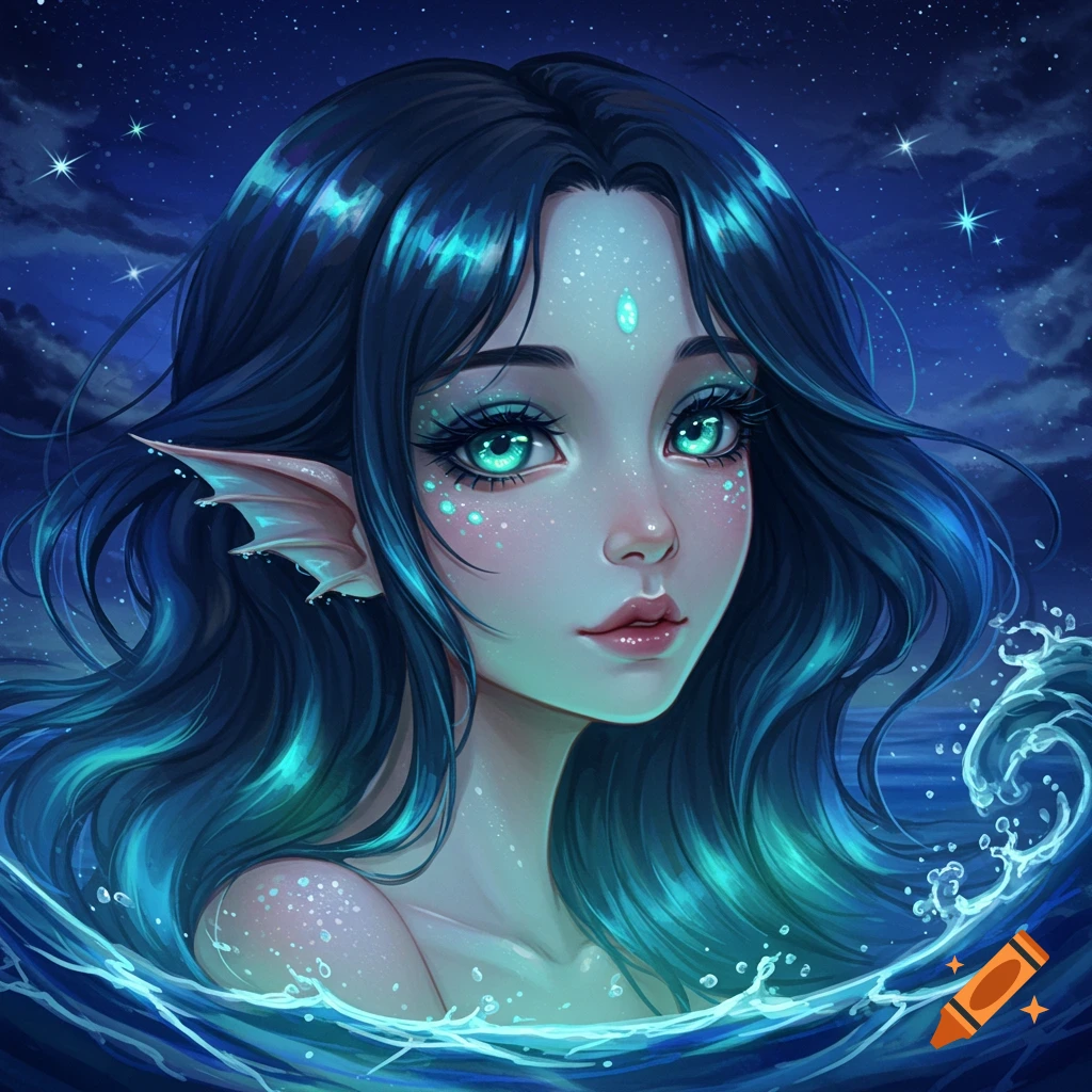 Close-up of an anime mermaid with flowing dark blue hair, glowing green eyes, and delicate ear fins emerging from the water under a starry night sky.