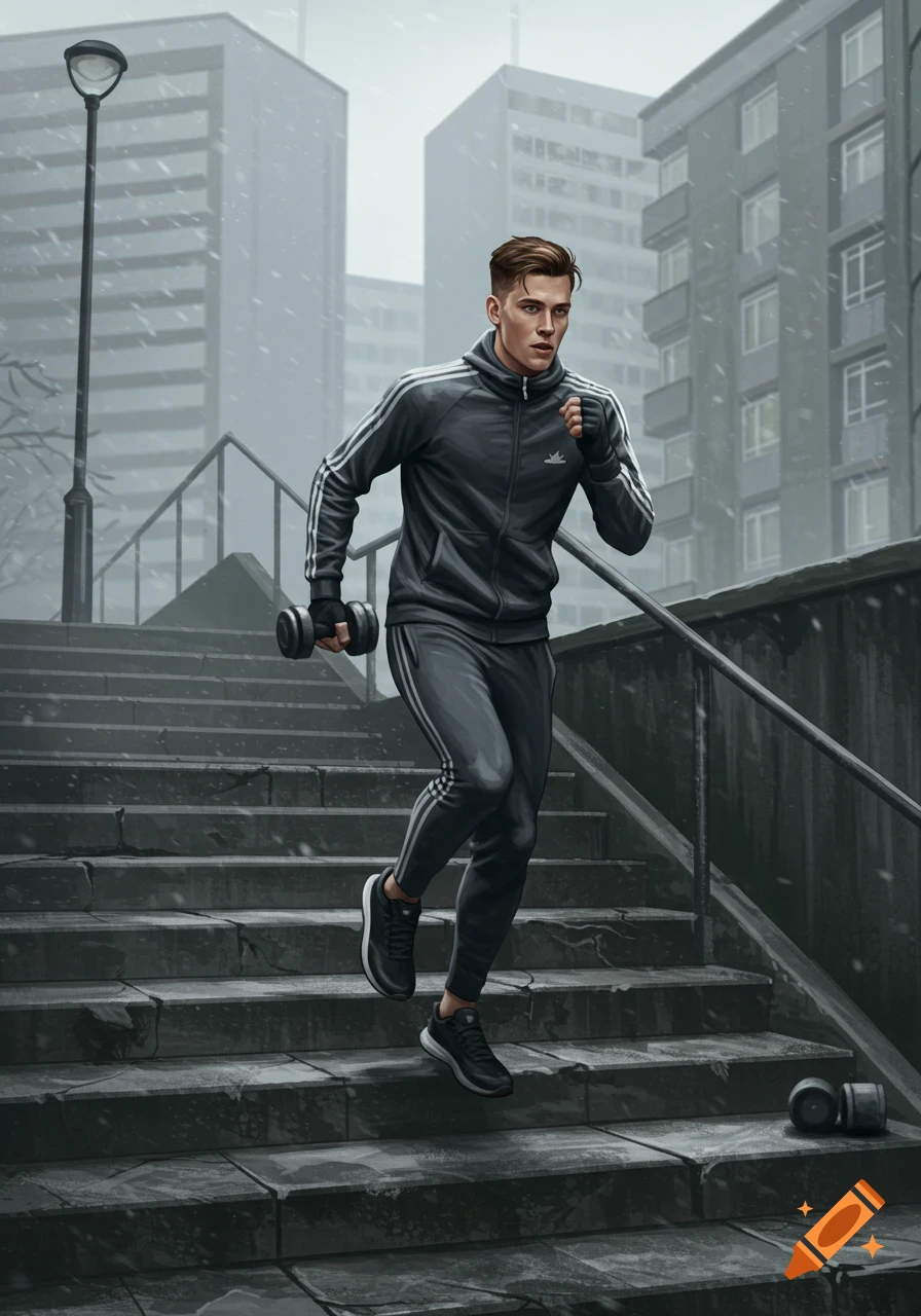 A man in a dark tracksuit runs down concrete stairs in a snowy urban setting, holding dumbbells. Tall buildings are in the background.