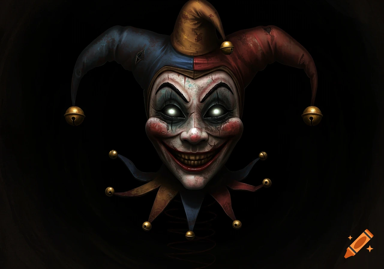 Creepy, dilapidated jester jack-in-the-box head with glowing eyes, smiling in a dark void.