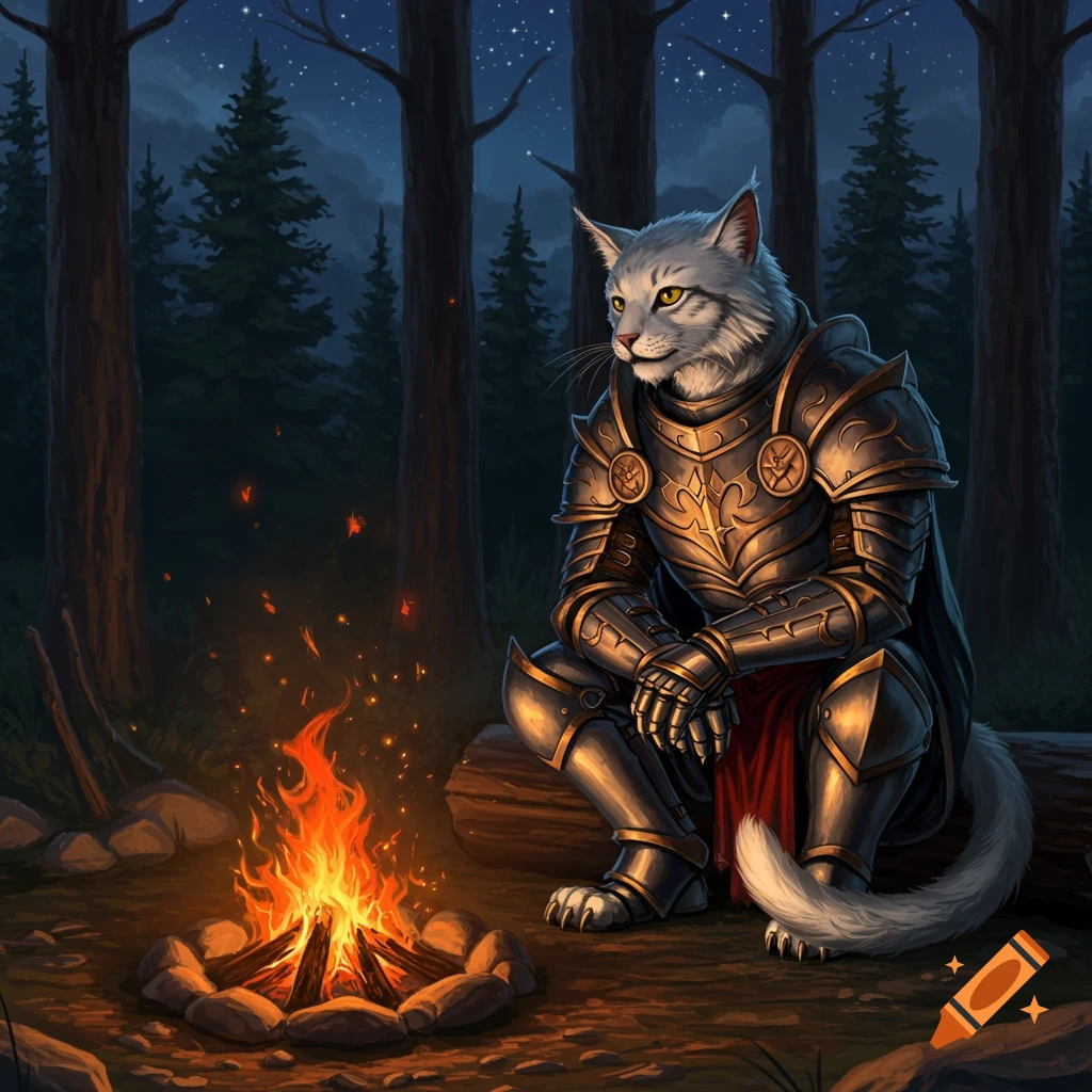 A white anthropomorphic cat warrior in golden armor sits by a campfire in a dark forest at night, with stars in the sky.