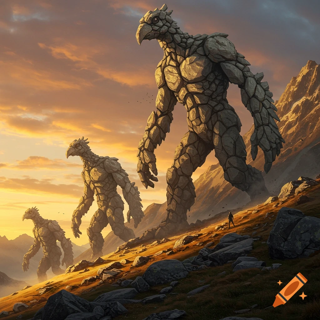 Three colossal bird-like rock monsters descend a mountain at sunset, with a tiny human in the foreground.