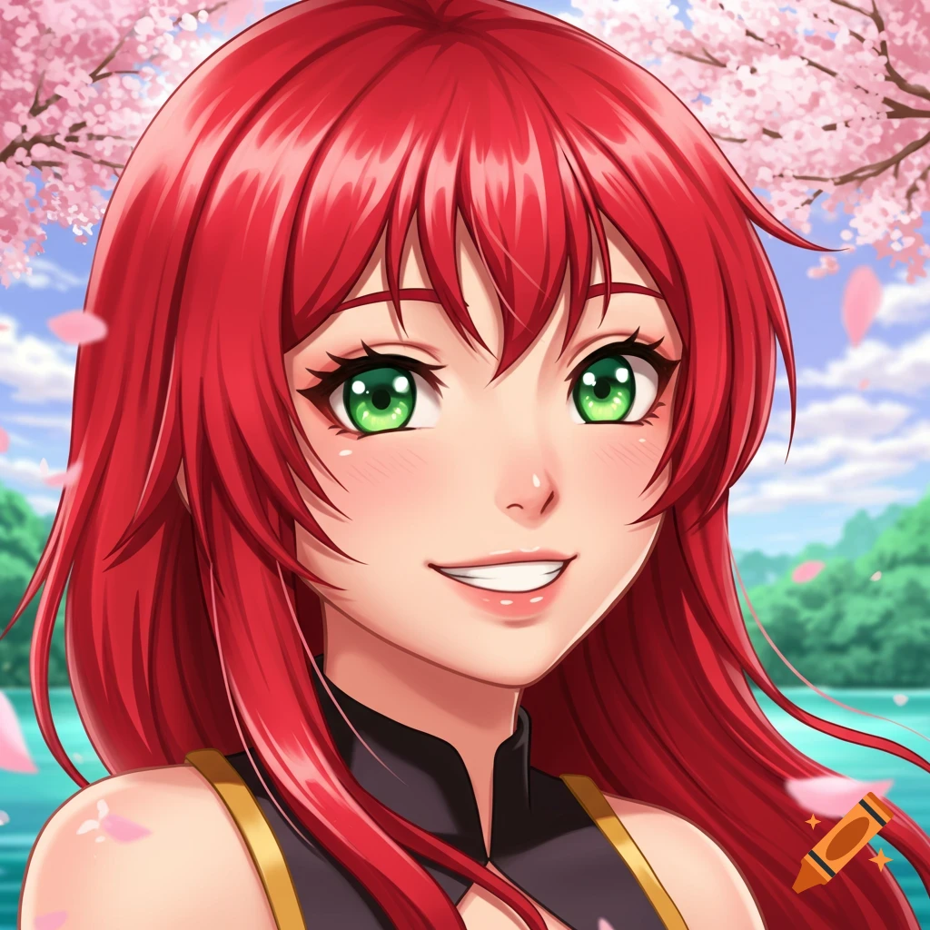 Anime portrait of a smiling red-haired woman with green eyes, set against a serene backdrop of cherry blossoms and a lake.