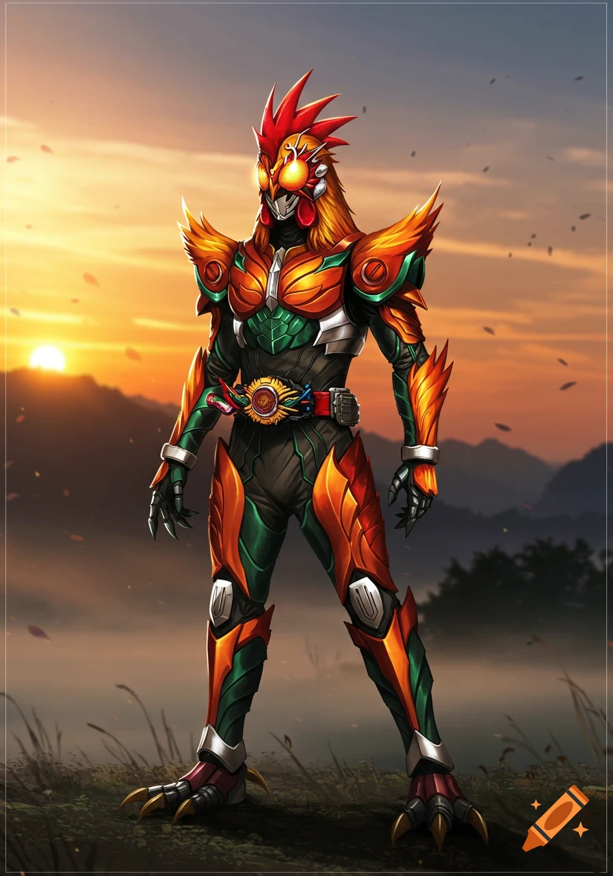 Kamen Rider-inspired superhero with rooster features, in orange and green armor, stands against a sunset landscape.