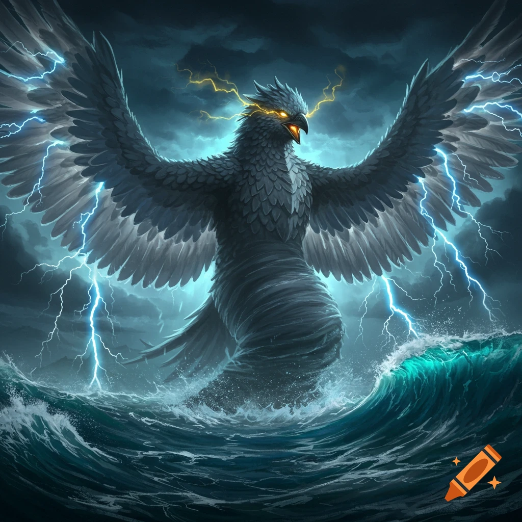 A giant bird-like storm creature with a spiraling body emerges from a turbulent sea amidst lightning.