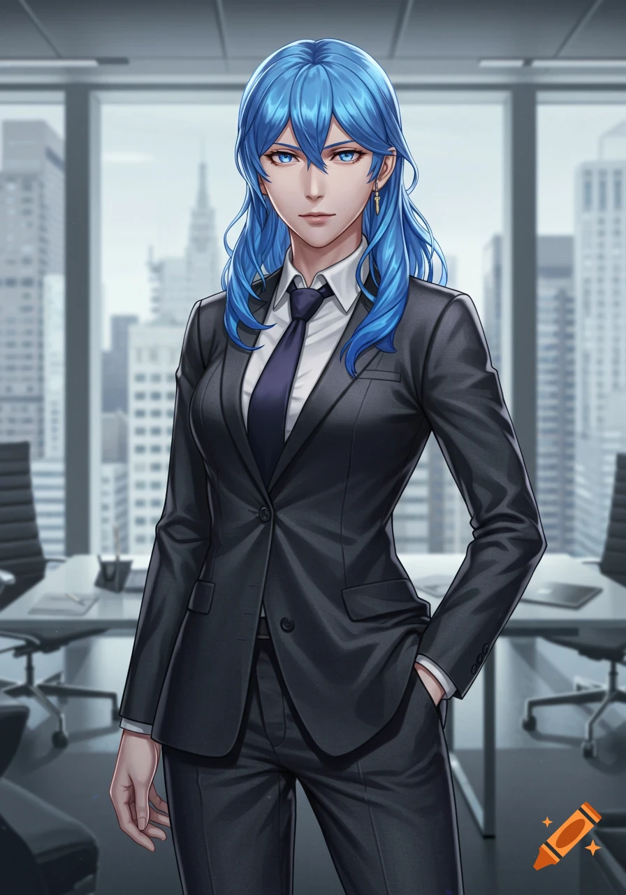 An anime woman with bright blue hair and blue eyes wears a dark business suit and tie, standing in a modern office with city views.