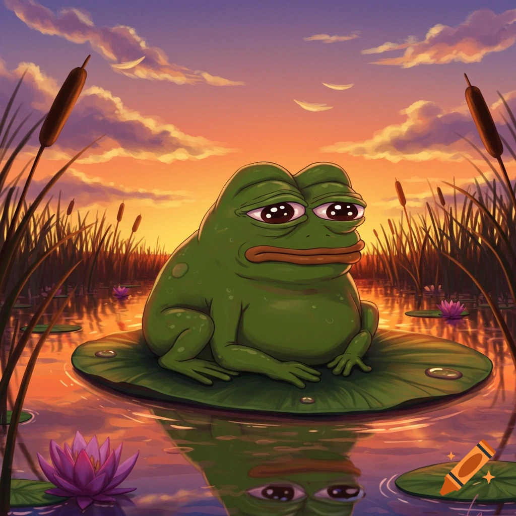 Illustrated image of a sad Pepe the frog sitting on a lily pad in a pond with cattails and water lilies at sunset.