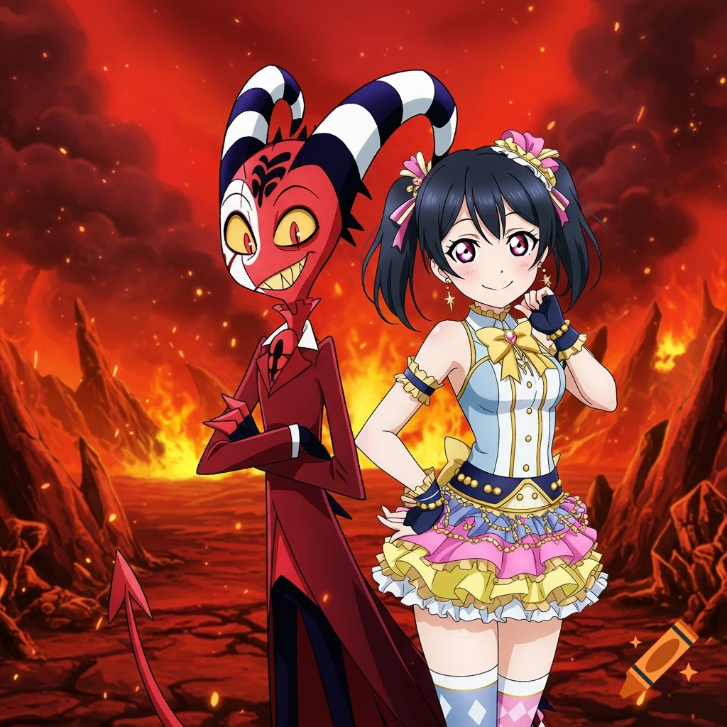 Anime style image of Blitzo from Helluva Boss and Nico from Love Live standing side-by-side in a fiery Hellscape.