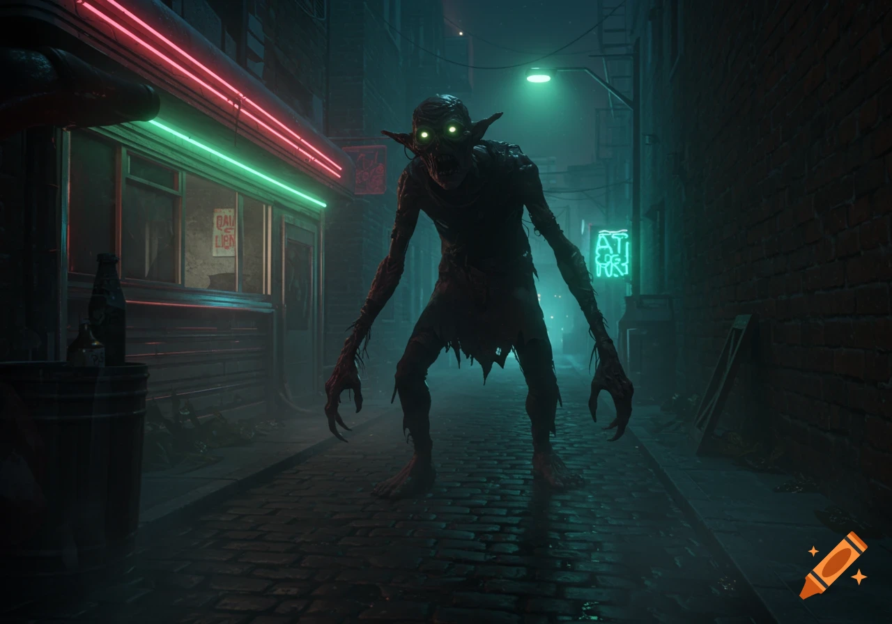 A terrifying, emaciated goblin-like creature with glowing green eyes stands in a dark, rainy alleyway with neon signs, in a realistic style.