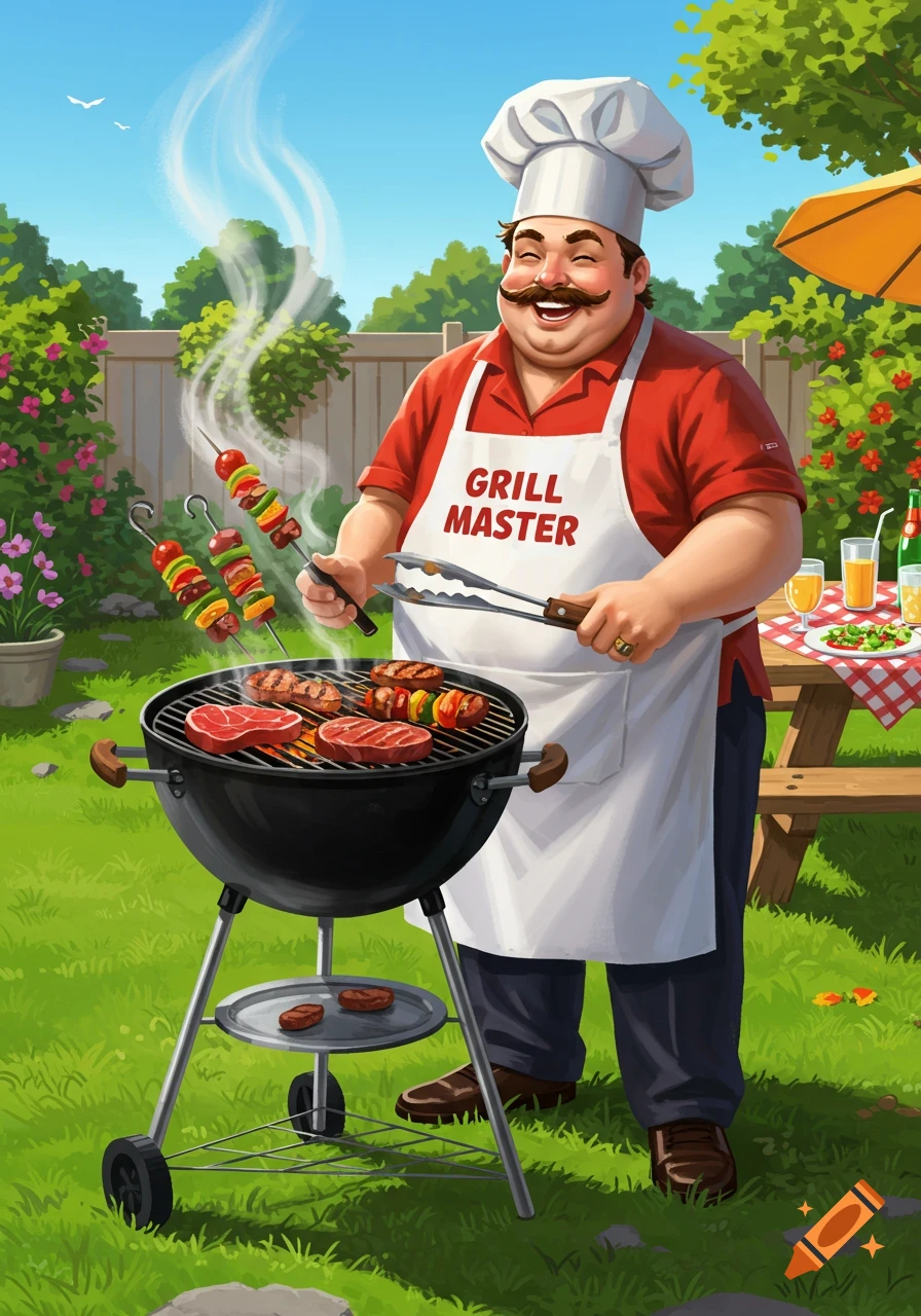 A cheerful, portly man wearing a chef's hat and a 'Grill Master' apron barbecues meat and vegetables outdoors.