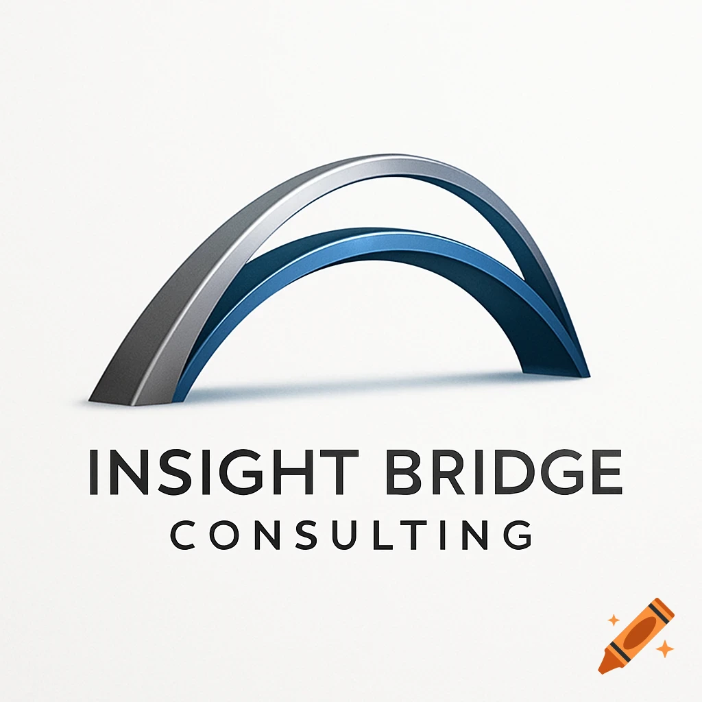 3D logo for Insight Bridge Consulting featuring overlapping silver and blue arched shapes.