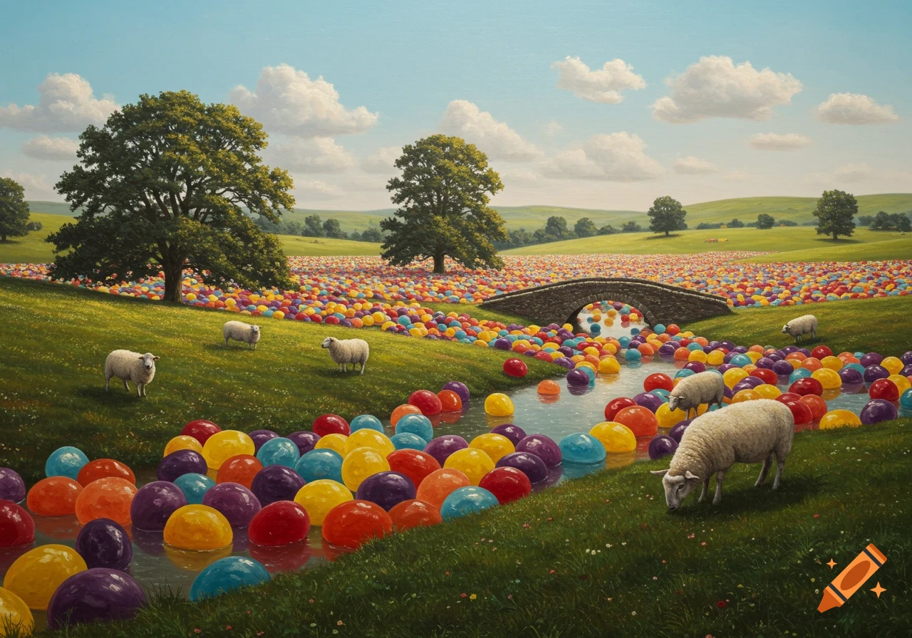 A realistic painting of a whimsical landscape with sheep grazing in green fields, a river of colorful jellybeans, and a stone bridge.