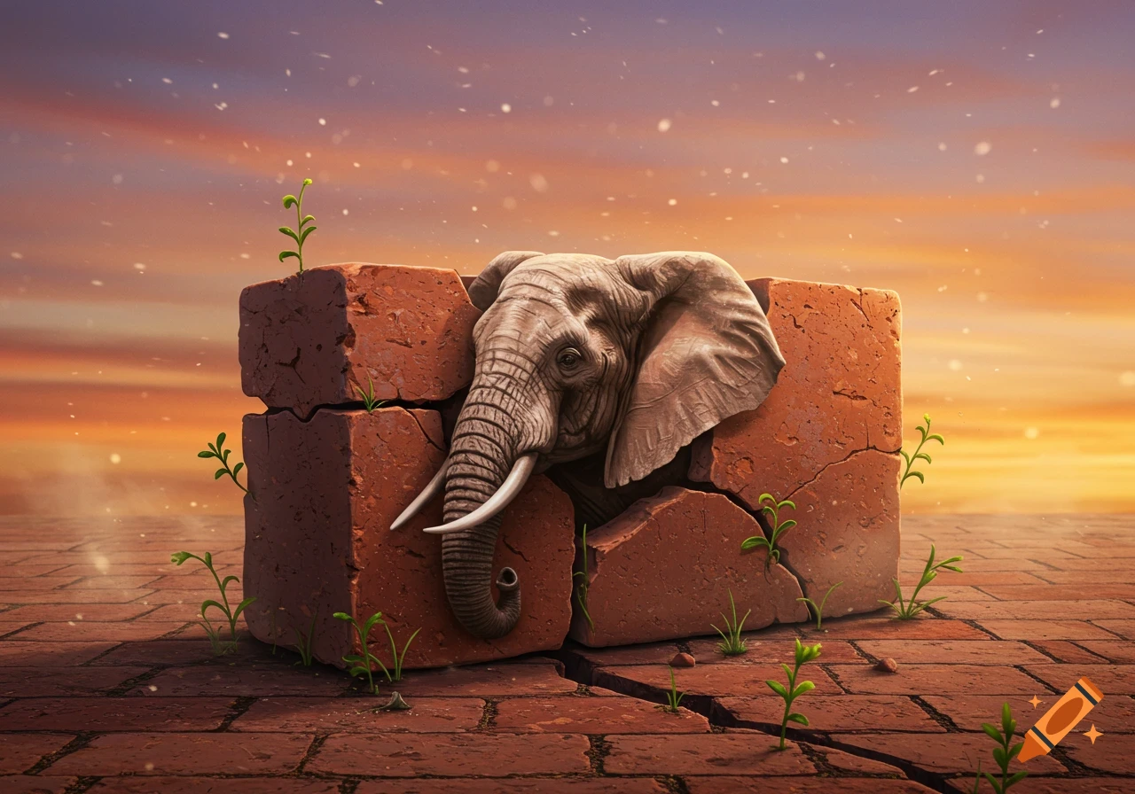Photorealistic image of an elephant's head emerging from broken brick walls with green sprouts, under a sunset sky.