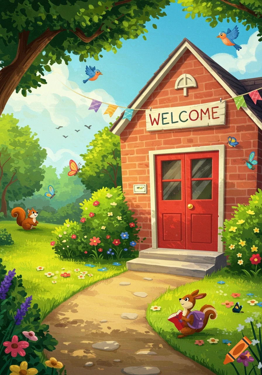 Vibrant children's illustration of a red brick schoolhouse with a 'WELCOME' sign, surrounded by a path, garden, trees, squirrels, birds, and butterflies.