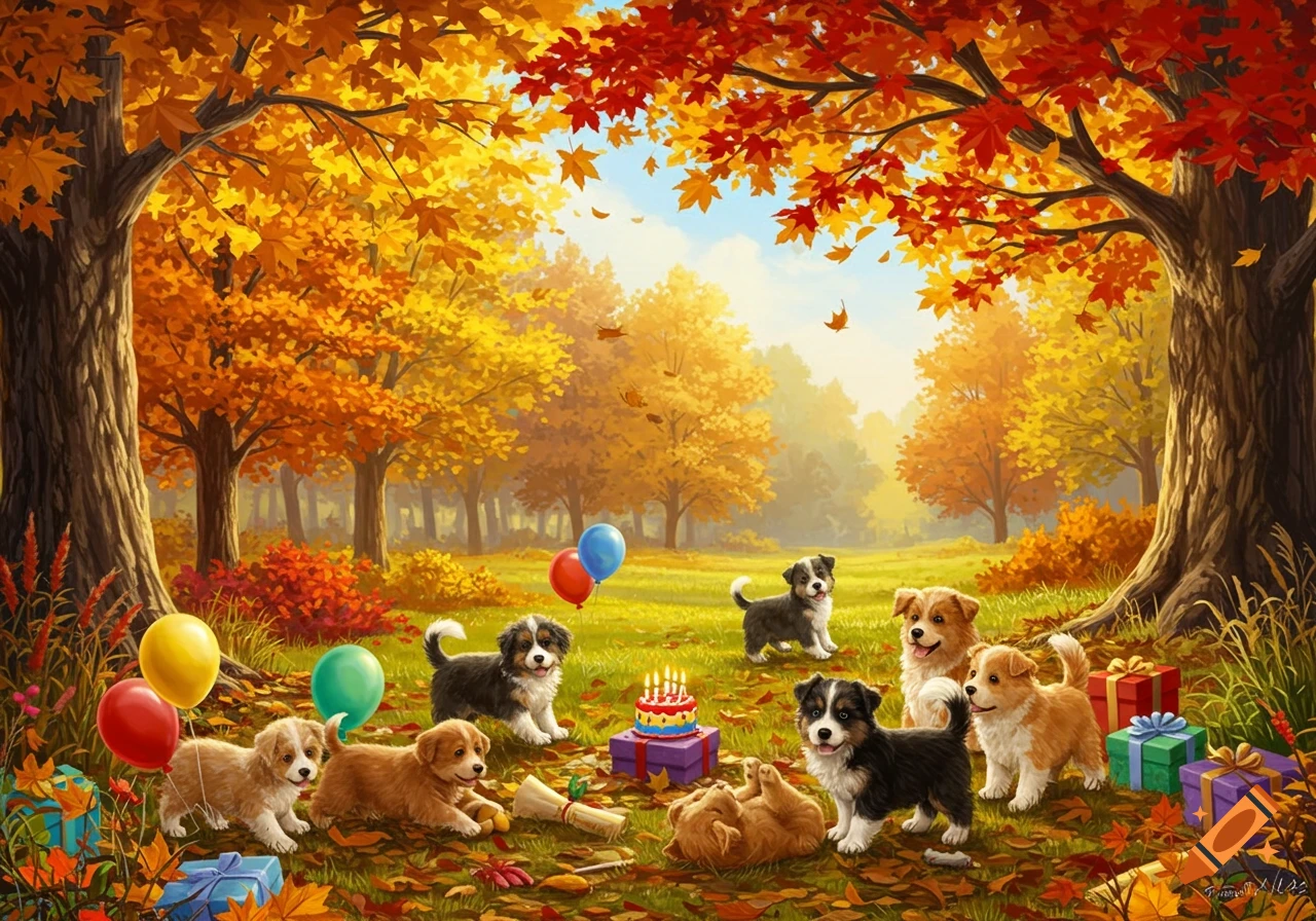 Adorable puppies celebrate a birthday with cake, balloons, and presents in a vibrant autumn forest, digital illustration.