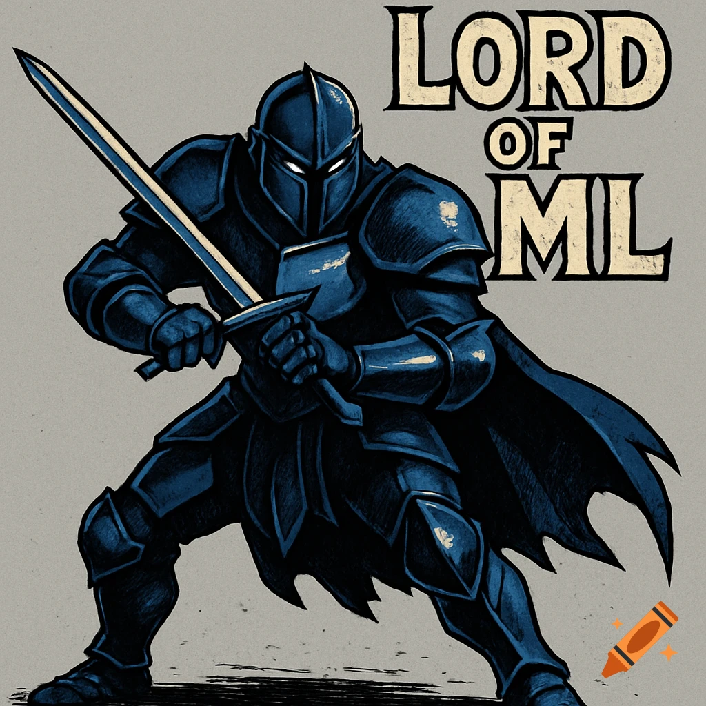 Comic art of a dark blue armored knight holding a sword, ready to attack, with 'LORD OF ML' text.