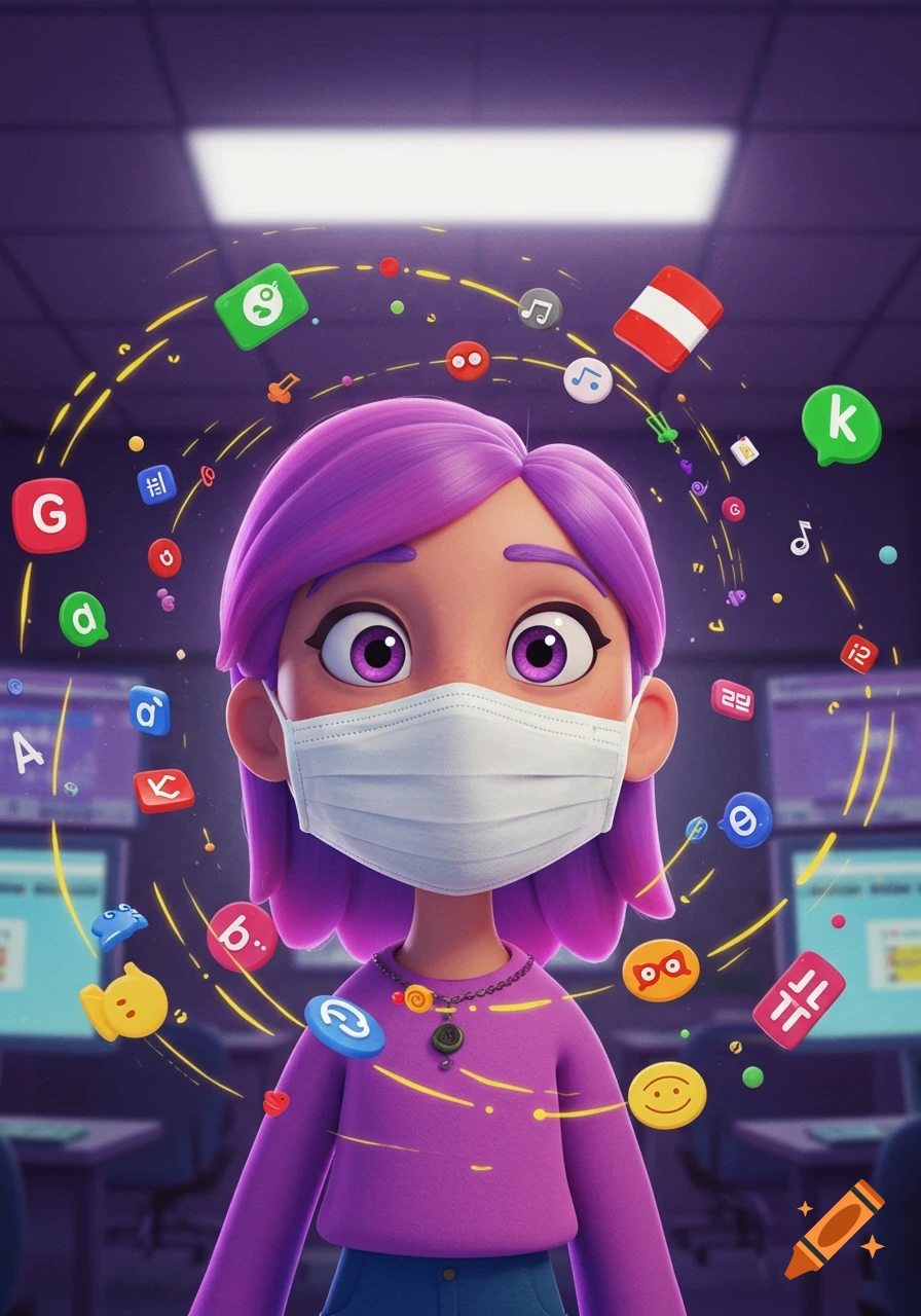A cartoon girl with purple hair and a surgical mask is surrounded by floating colorful app icons and musical notes, in a digital art style.