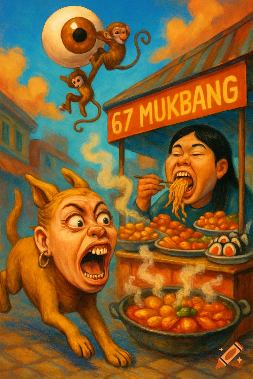 A surreal painting shows a dog with a distorted human face running past a street food stall where a woman with an exaggerated jaw eats noodles. A giant eyeball floats above with monkeys hanging on it.