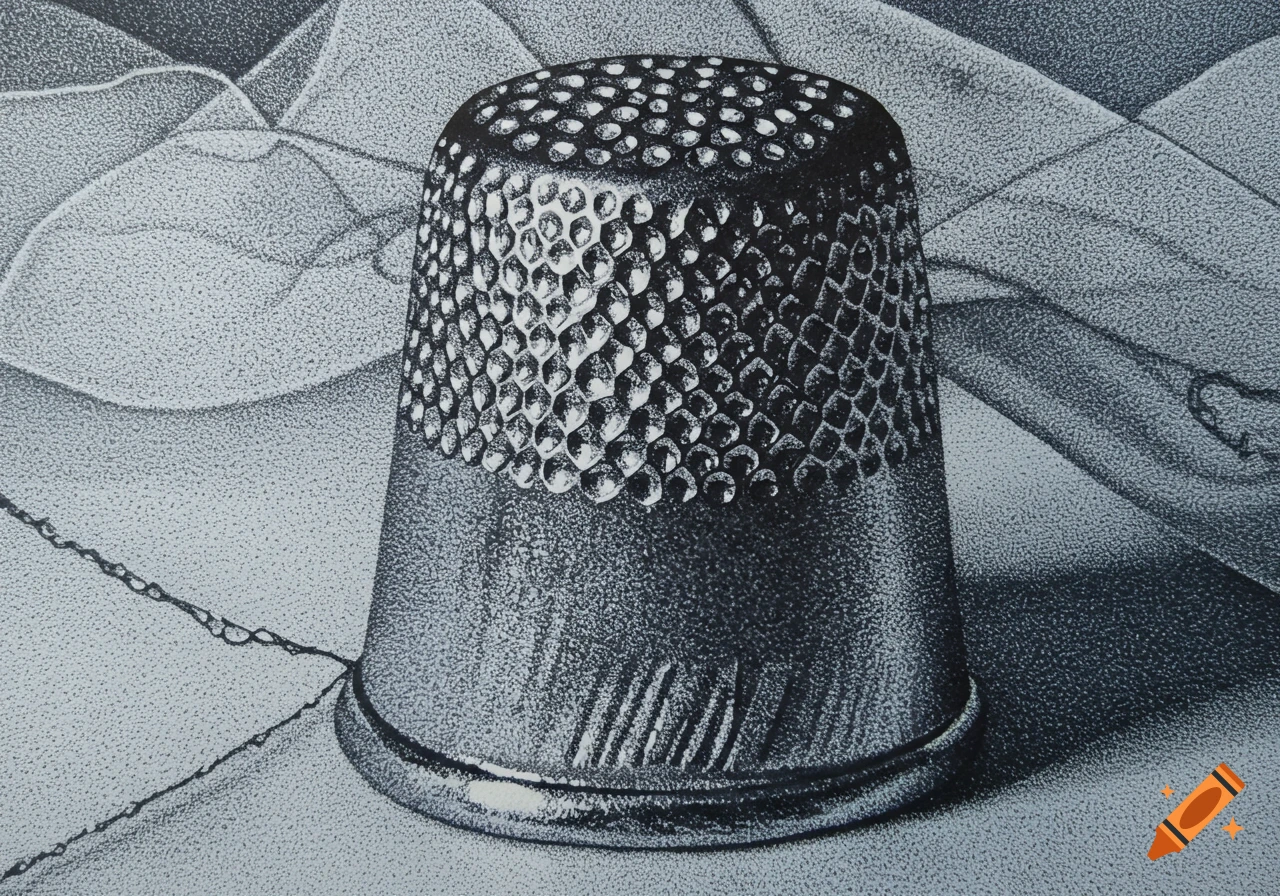 A grayscale pointillism illustration of a thimble partially covered by a flowing veil.