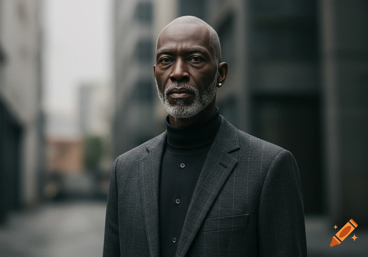 Close-up photorealistic portrait of a distinguished man with a salt-and-pepper beard, black turtleneck, and grey plaid suit jacket in an urban setting.