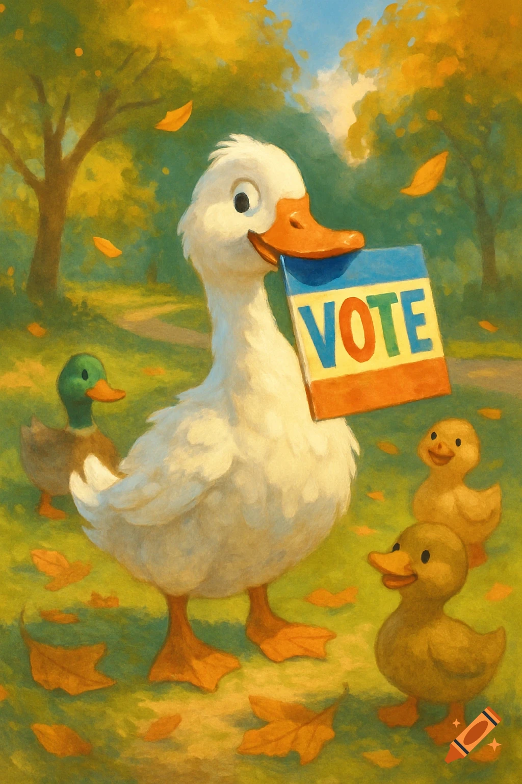 A cute white goose holds a 'VOTE' poster, surrounded by ducklings and autumn leaves in a painterly park scene.