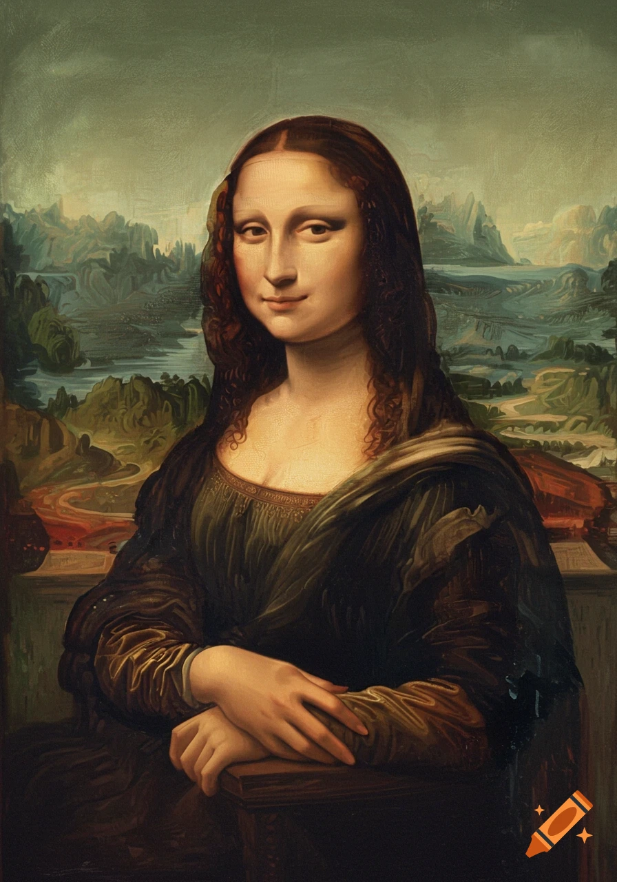 A painted portrait of Mona Lisa with a faint smile, dark gown, and hands resting, against a mountainous landscape.