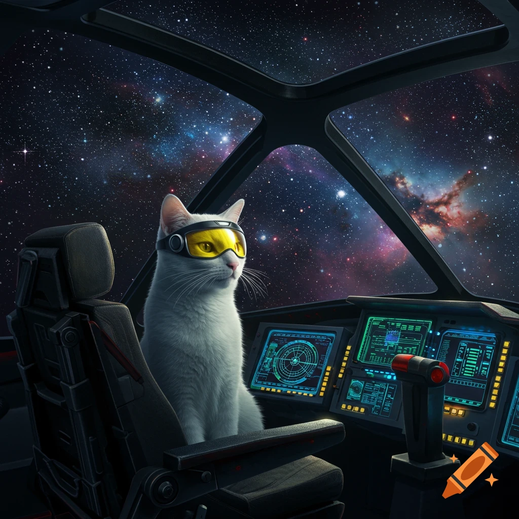 A photorealistic white cat wearing yellow aviator goggles pilots a spaceship, looking out at a vibrant starfield and nebulae.