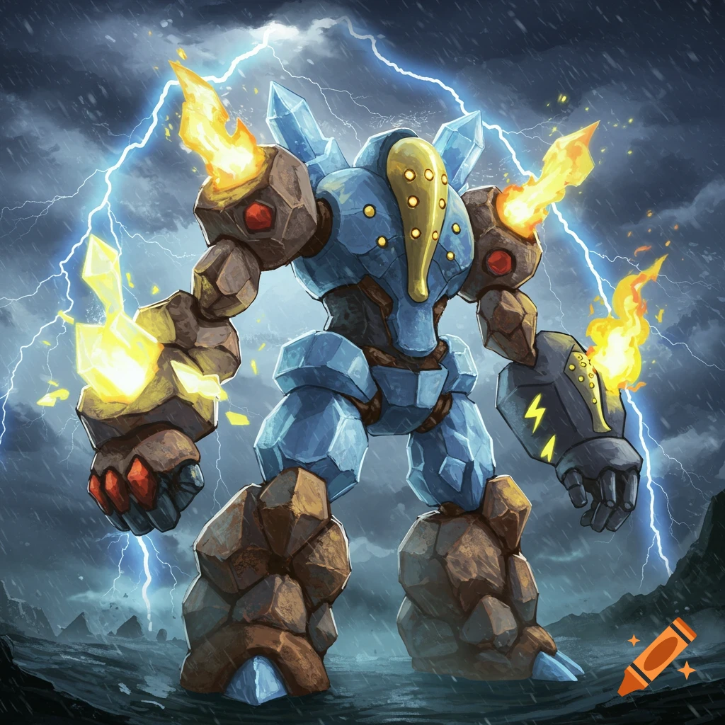 A powerful, illustrated megazord made of rock, ice, and metal, with fire and lightning, stands in a stormy, rainy landscape.