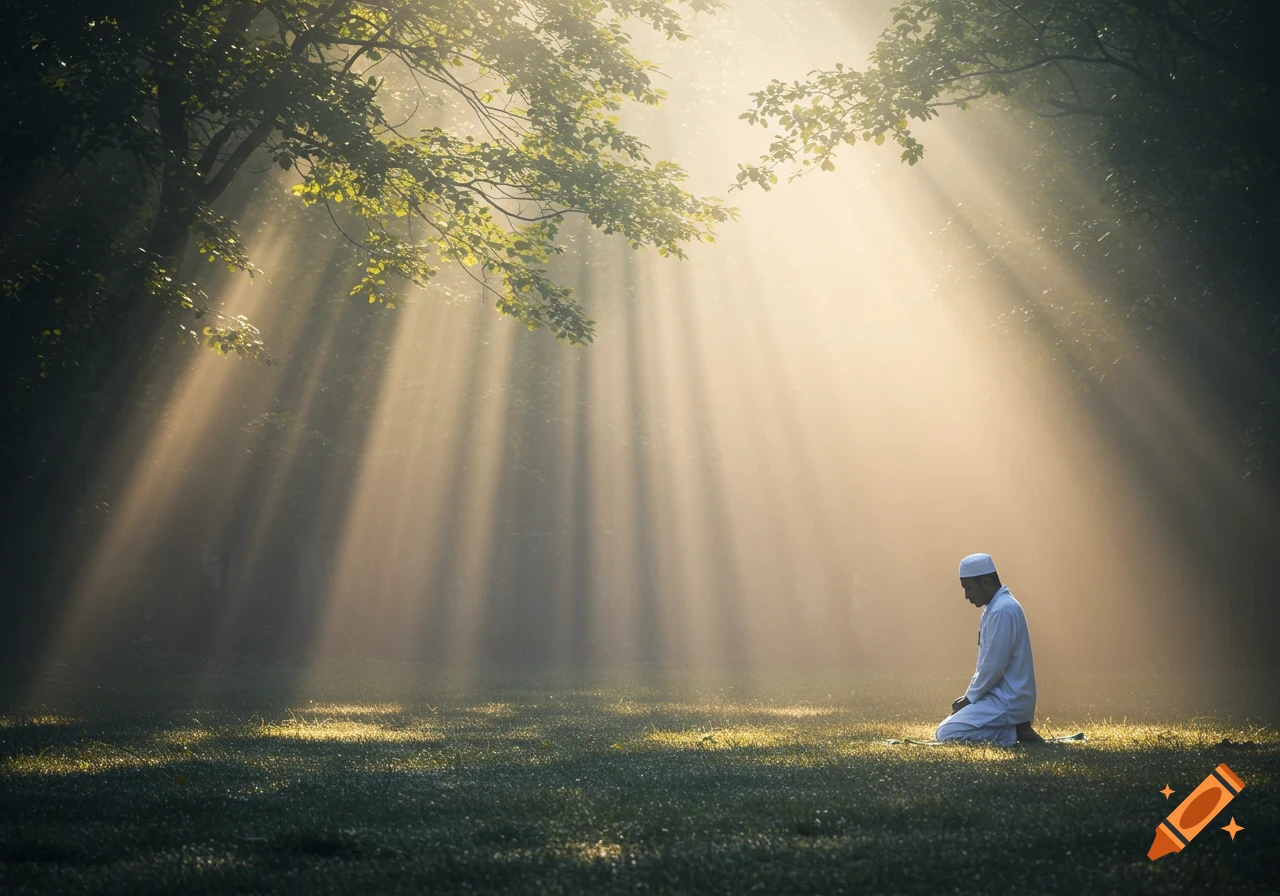 A Muslim man kneels on green grass, praying in a sun-drenched, misty forest clearing.