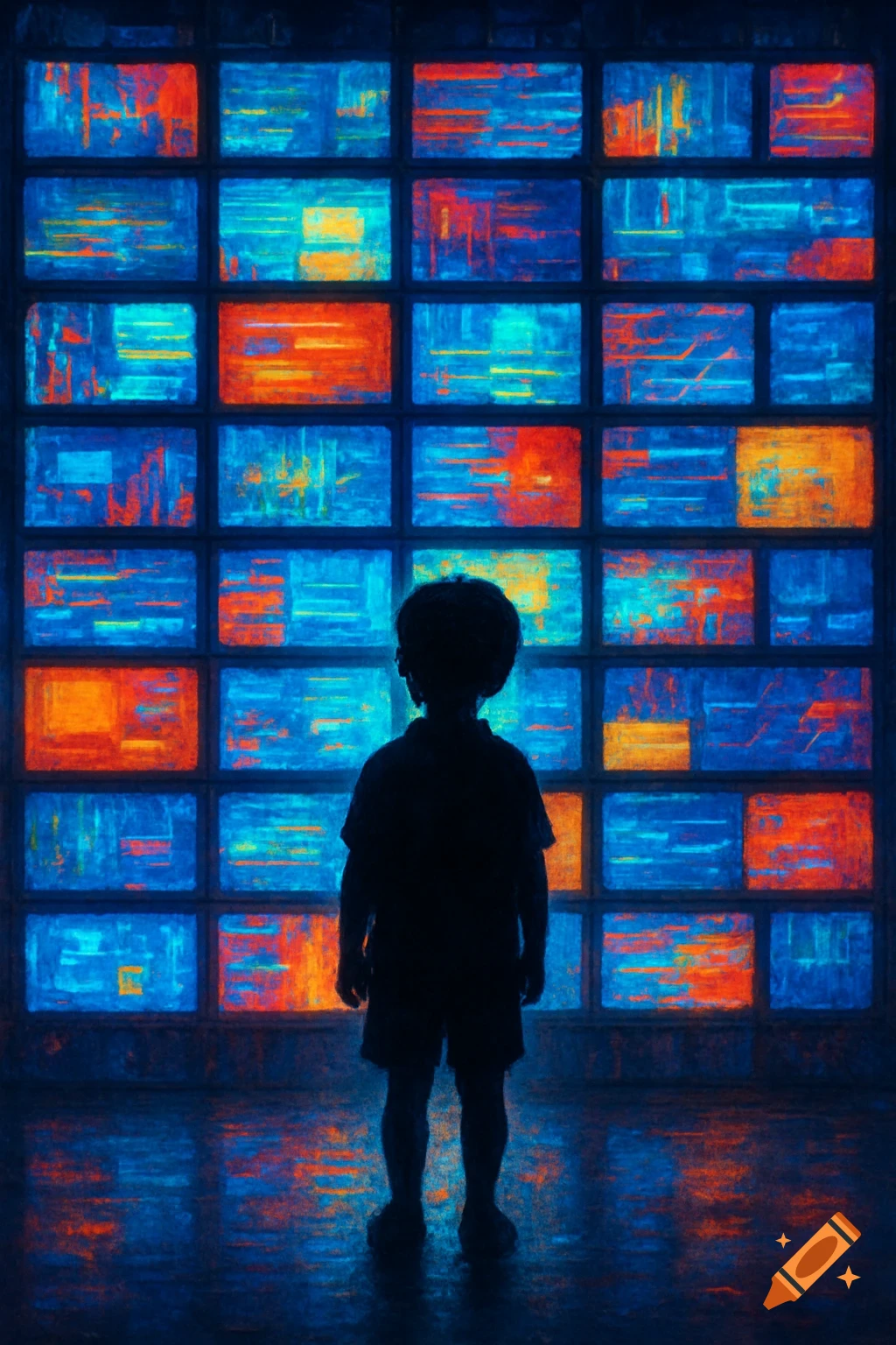 A dark silhouette of a child faces a wall of glowing screens with abstract blue, red, and orange patterns, painterly style.