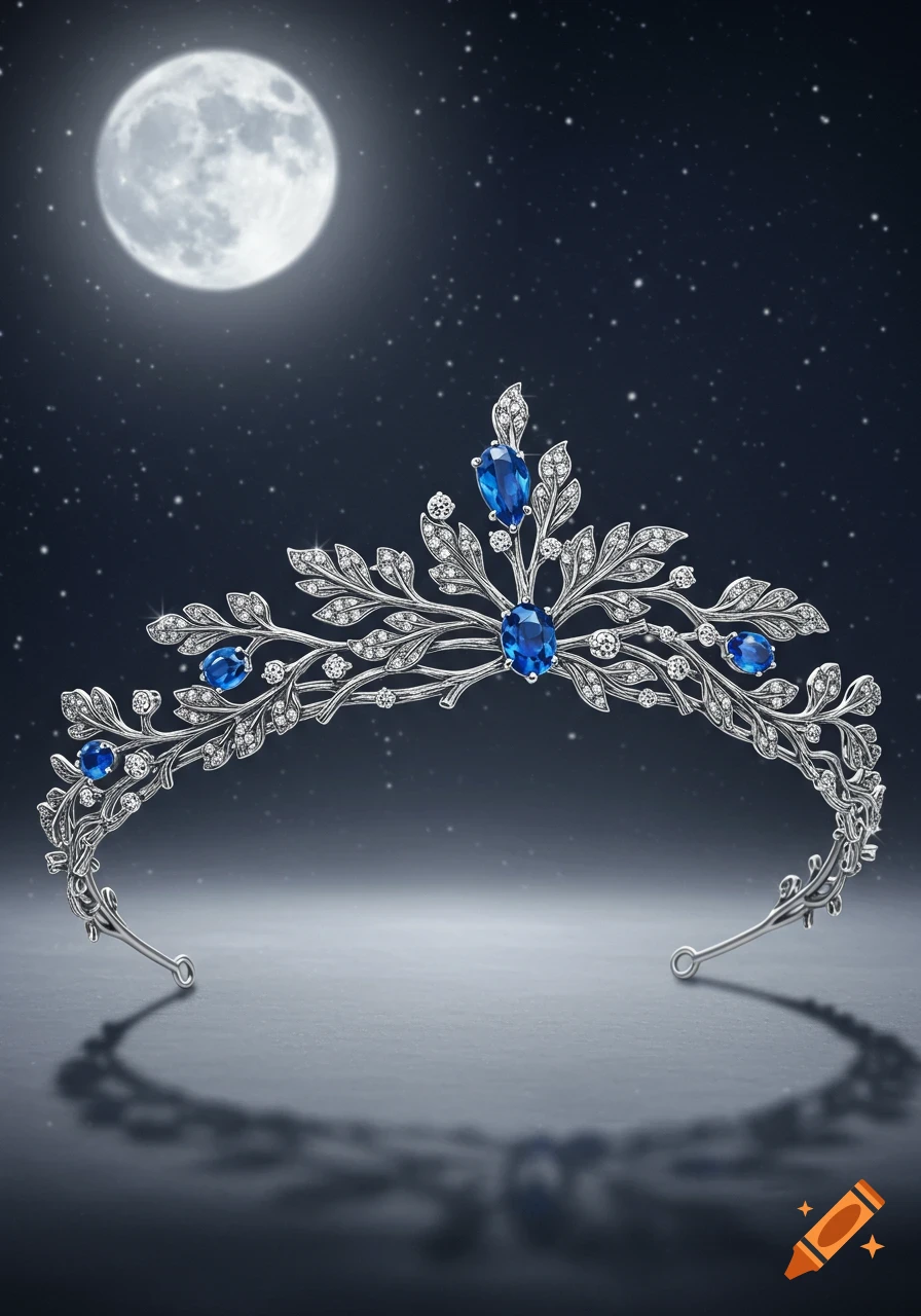 A silver tiara adorned with blue sapphires and diamonds in a leaf and branch design, set against a dark, starry night sky with a full moon.