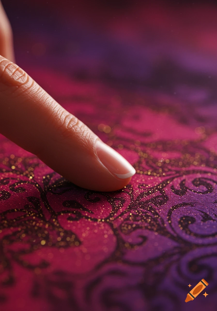 Close-up of a finger gently touching a vibrant magenta and purple fabric with an intricate, glittery pattern.
