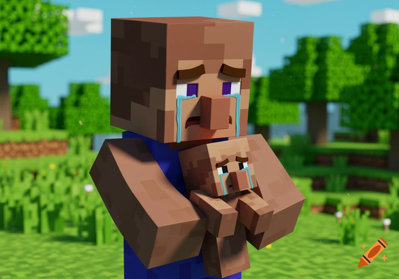 A Minecraft villager in a blue shirt holds a baby villager; both are crying in a grassy Minecraft world.