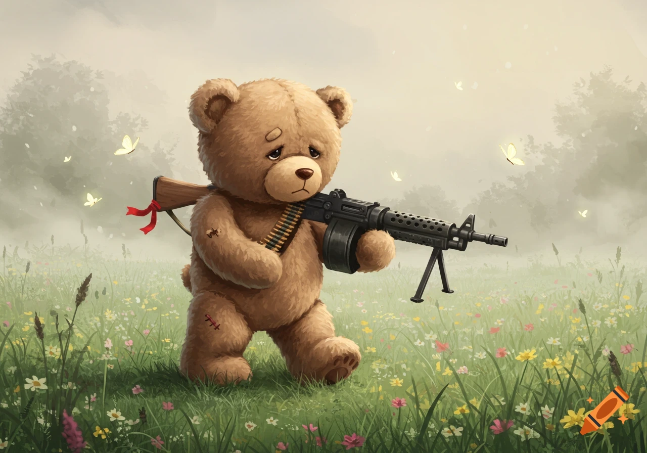 A sad teddy bear with a large machine gun slung over its shoulder walks through a peaceful field with flowers and butterflies.
