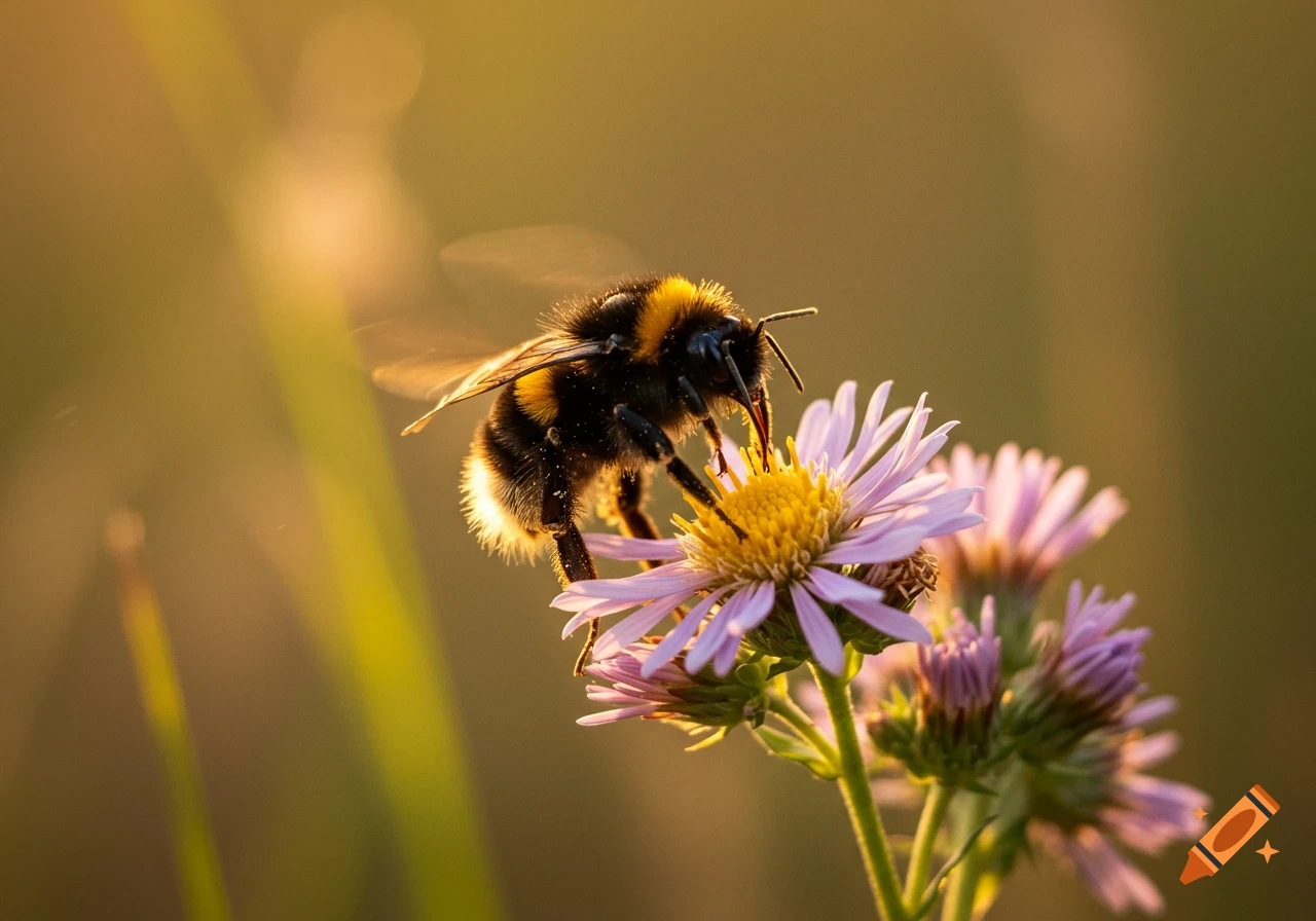 A fluffy bumblebee with a golden glow landing on a purple and yellow flower in warm sunlight, photorealistic.