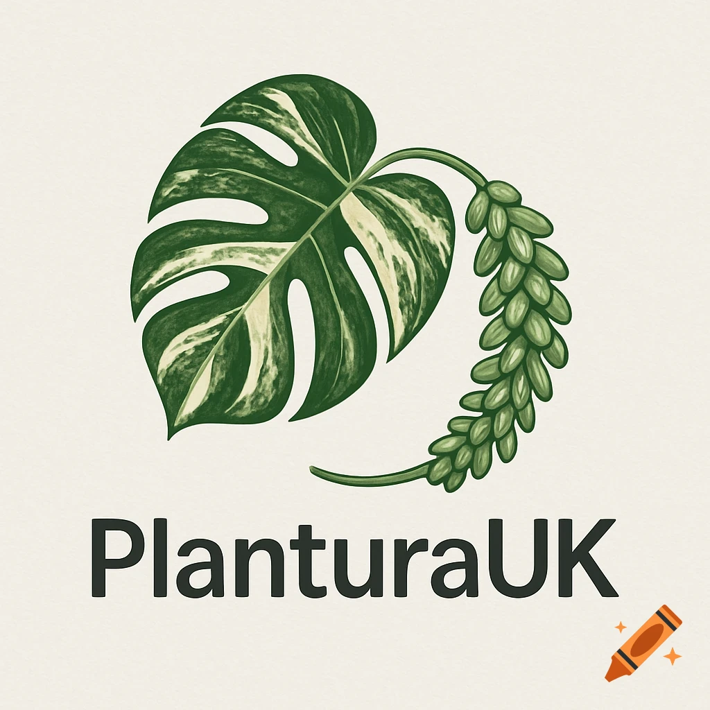 Logo featuring a variegated monstera leaf and a sedum burrito plant, with the text 'PlanturaUK' below, on a light background.