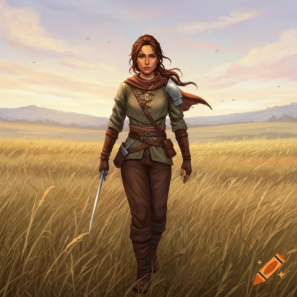 A female warrior with a sword walks through a golden field at sunset in a digital painting.