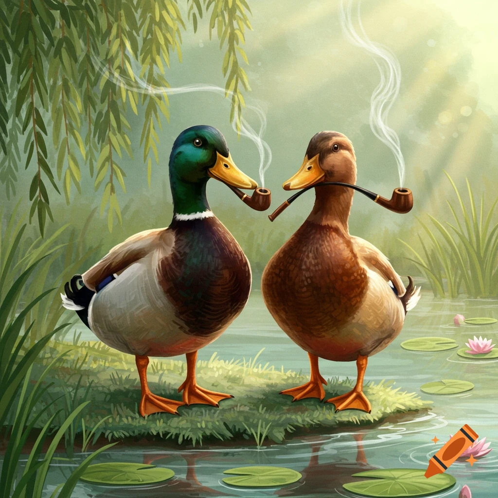 Two cartoon ducks, a mallard and a brown duck, stand by a pond, both smoking pipes, in an illustrative style.