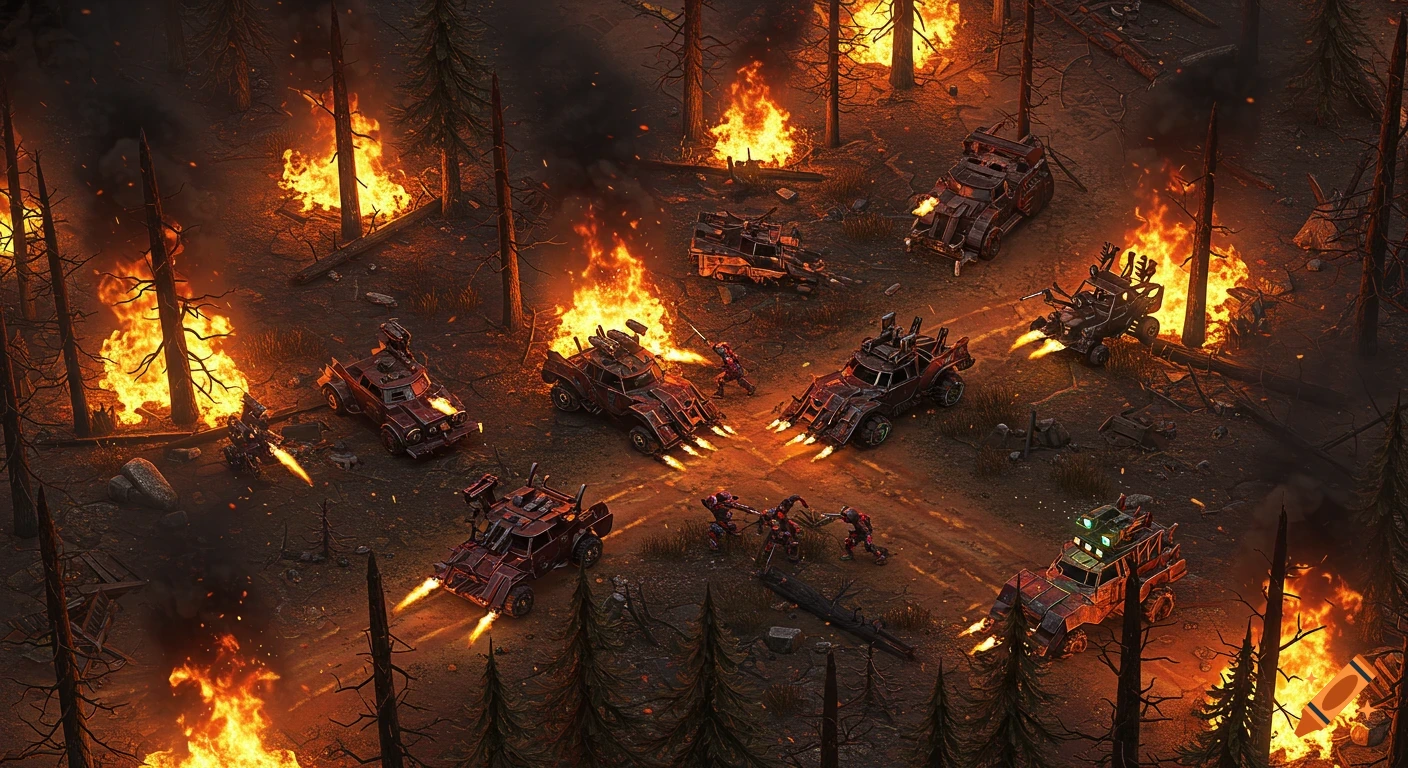 An isometric view of a post-apocalyptic battle in a burning forest, featuring armored vehicles and small combatants.