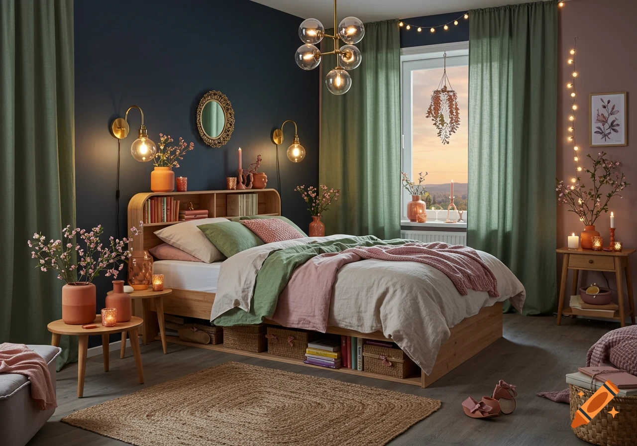 Cozy, modern bedroom with a navy wall, sage curtains, wooden bed, and warm lighting from sconces and fairy lights, with a sunset view.