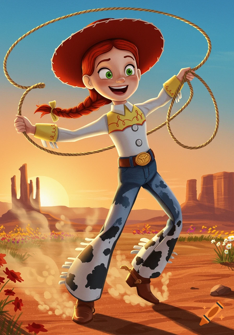Jessie from Toy Story in a desert landscape, holding a lasso, with a sunset background. Animated style.