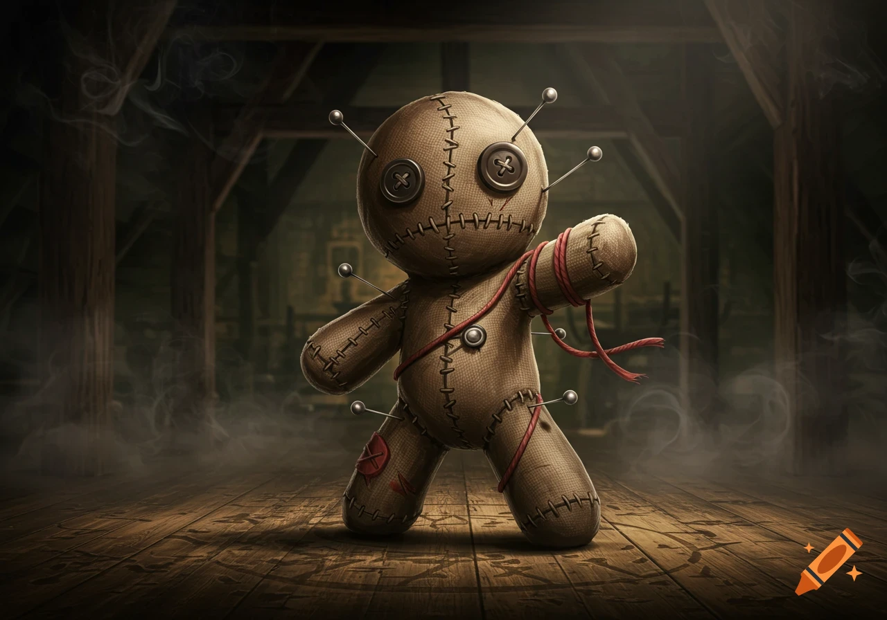Detailed voodoo doll with pins and red string, its left fist raised, standing on a wooden floor in a smoky, dimly lit attic.