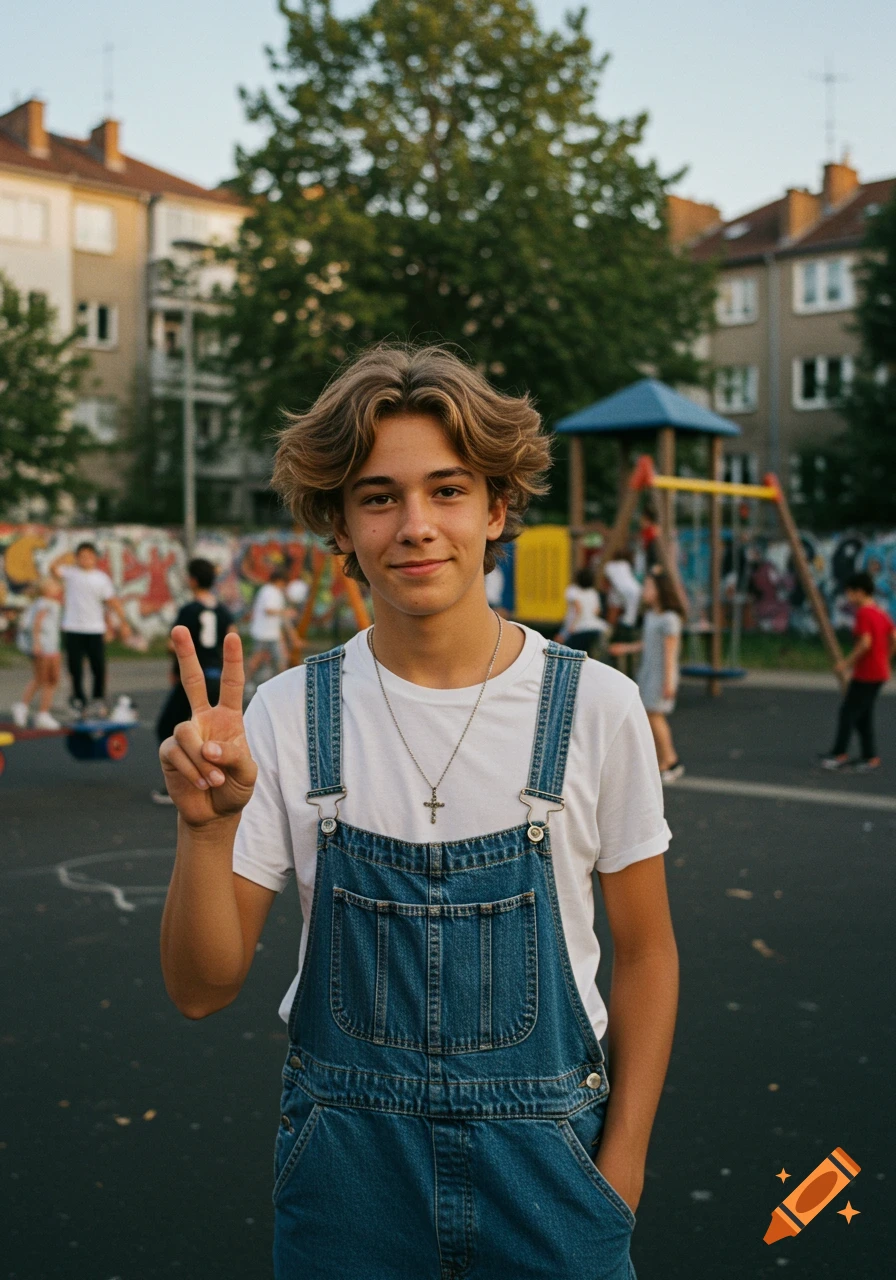 Smiling teenage boy with wavy hair in denim overalls makes a peace sign in an urban playground at dusk.